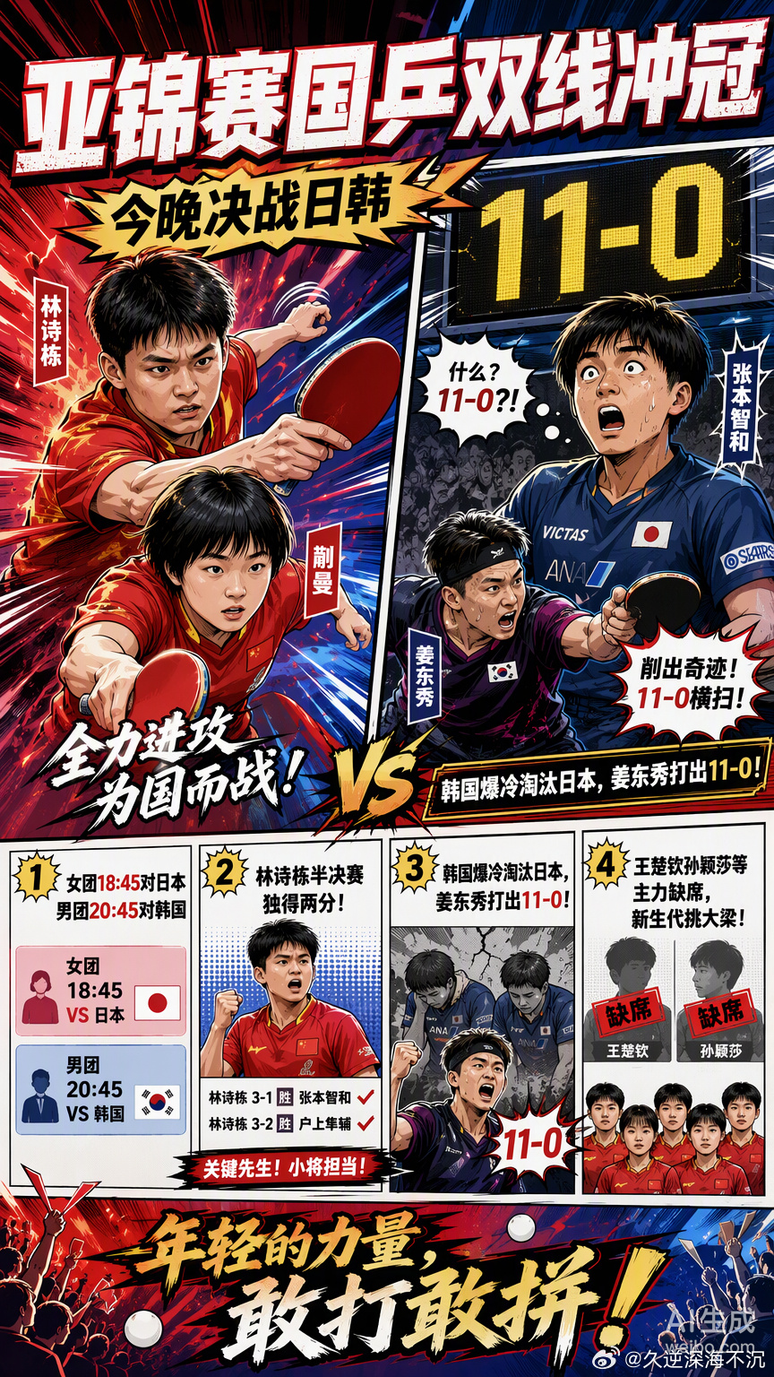 今晚的亚锦赛决赛，看得人心里有点紧。

女团18:45先上，男团20:45压轴，国乒这两拨年轻人是要冲着双冠去的。这次主力没来，林诗栋、蒯曼他们扛起了大旗。半决赛男团3-1逆转中国台北，林诗栋一个人拿了两分；女团3-0横扫韩国，陈熠在决胜盘那种死磕到底的劲儿，真挺打动人的。

对面可不好对付。日本女 ​