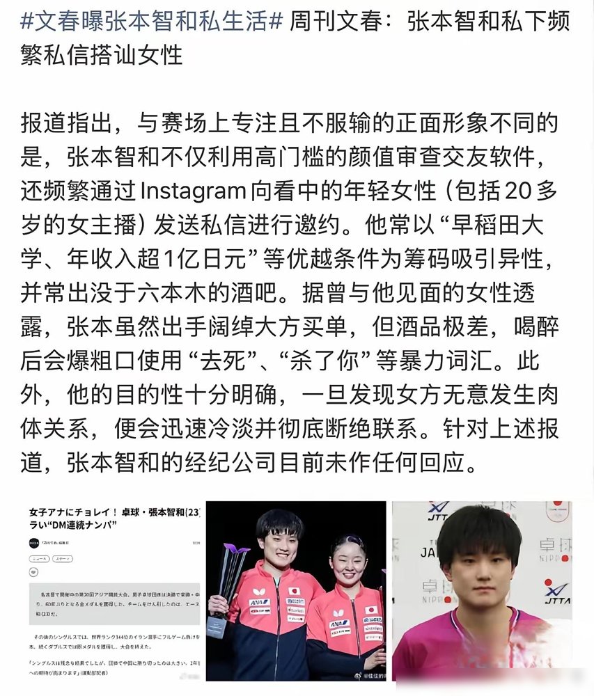 张本智和原来是这样的人，日本媒体深挖张本智和鲜为人知的另一面。
亚运会男团决赛他确实猛，一人砍两分，把中国队八连冠给断了。结果三天后男单八强赛，世界第4输给世界第344，第七局9比11，赛后自己都说“完败”。这起伏，比他场下的瓜还刺激。
《周刊文春》爆他拿早稻田在读、年收入破亿当筹码，社交软件挨
