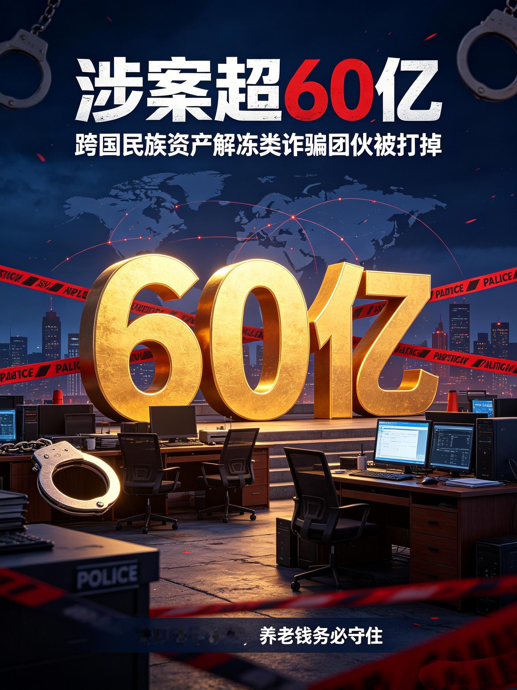 涉案60亿！跨国养老大骗局彻底覆灭，专坑父母辈的套路终于终结
 
一桩规模惊人的跨国诈骗大案正式告破。超60亿元的涉案金额，刷新同类养老诈骗的涉案纪录。不法分子精准拿捏中老年群体的信任心理，精心编织虚假福利陷阱，无数家庭的养老积蓄惨遭收割。
 
吉林公安在本年度年初筛查海量线索，锁定一个组织严密、跨