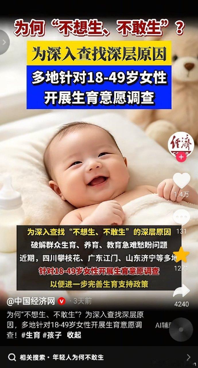 国内多地启动育龄人群生育意愿专项调查！ 
当下不少年轻人存在 “不想生、不敢生” 的心态。为了找到背后深层次原因，解决群众在生育、养育、教育上遇到的急难愁盼问题，四川攀枝花、广东江门、山东济宁等多地，面向 18-49 岁育龄女性开展生育意愿专项调研。调查对象划定 18-49 岁，是因为这是医学上的育