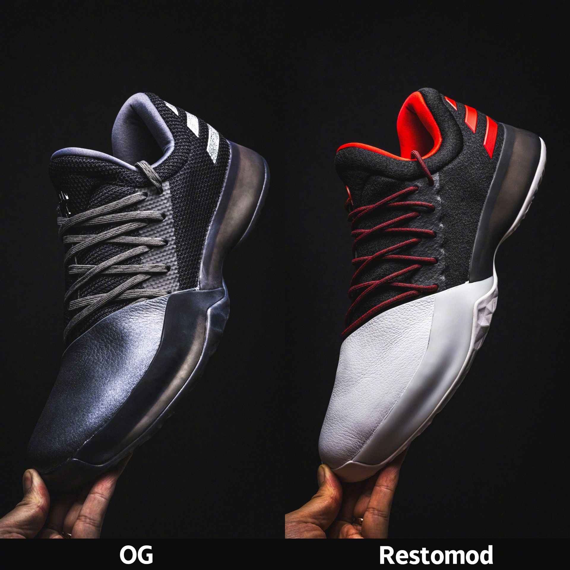 adidas Harden Vol. 1 OG 🆚 Restomod

哈登一代元年🆚复刻版对比

首先说明一下我没有元年的「Pioneer」配色
哈登一代手头只留了一双「任哲」联名版
鞋面材质、鞋带不同，重量也会有些出入
所以大家看图自行判断就好
 
复刻版中底升级为了HYPERBOOST泡棉
所以重量上复刻版轻了近40g（46 2/3码）
 ​