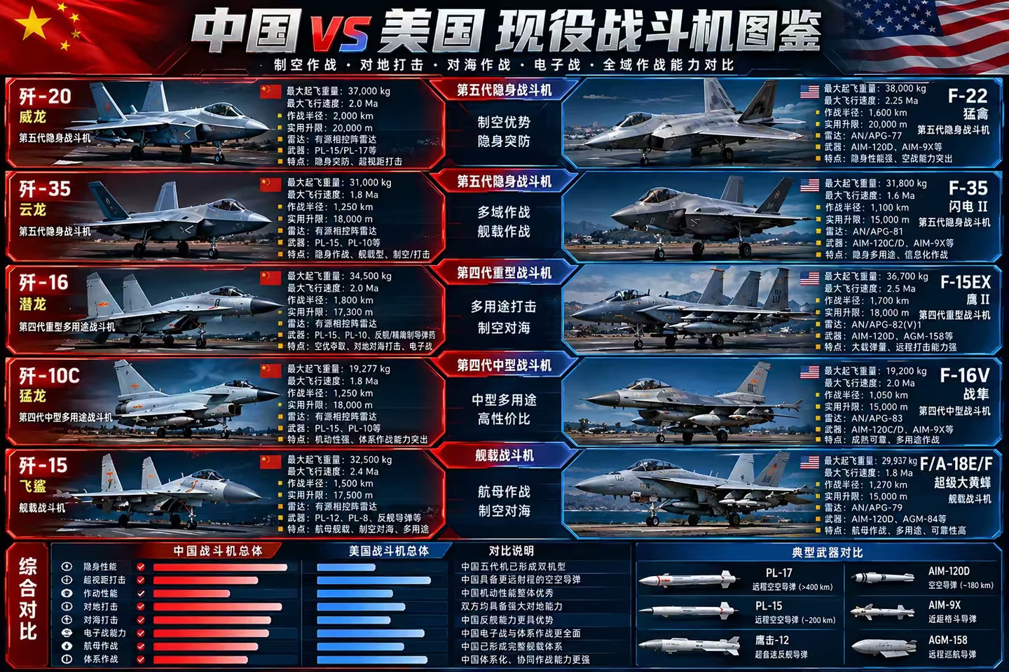 从歼20到F22，盘点中美海空军现役王牌战机