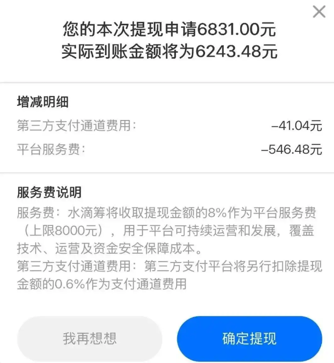 有人筹了6831块救命钱，水滴筹先拿走587。
 
提现页面写得清楚：平台服务费546.48元，通道费41.04元，实际到账6243.48元。家属质疑8%太高，客服说这是为了“覆盖技术、运营和资金安全成本”。2022年收3%的时候也是这么说的，2023年收6%的时候还是这么说的。
 
成本到底涨在哪