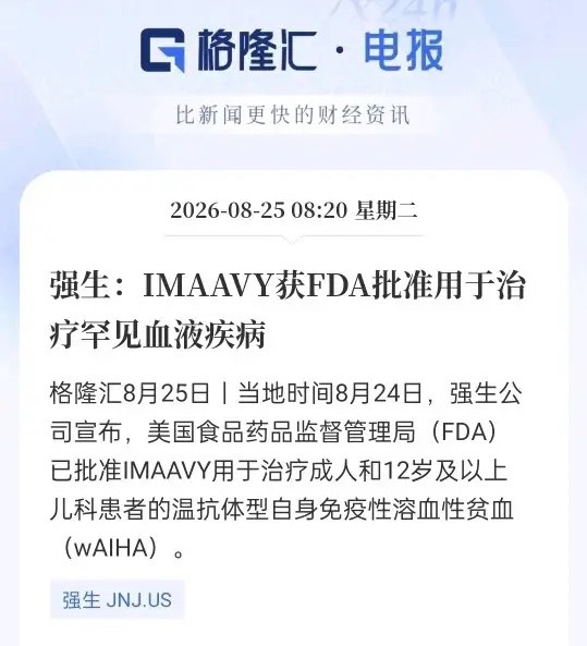 强生新药获批！罕见病赛道再迎利好，A股医药板块要起飞？

今早格隆汇电报推送：强生IMAAVY获FDA批准，用于治疗成人及12岁以上儿童的温抗体型自身免疫性溶血性贫血（wAIHA）。

这药是干啥的？打个比方：人体免疫系统本该保护红细胞，但wAIHA患者体内“免疫警察”误把红细胞当敌人攻击，导致贫血。IMAA ​