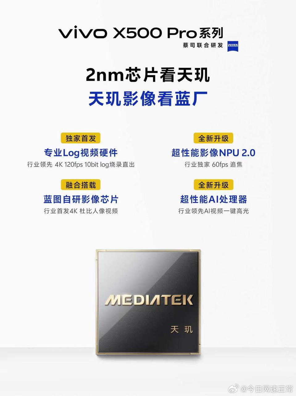 蓝厂这次全是狠活[震惊]
“蓝厂配天玑，越用越nb”听得多了，直到刷到X500 Pro系列的预热，脑里才终于有个概念，别人还在挑芯片，它是把蓝图画在芯片里？！

手机厂商搭载芯片，我的理解是在芯片之上做软件调校，比如芯片是手机的地基，别的厂商是在上面盖房子。蓝厂是直接参与到地基的设计， ​