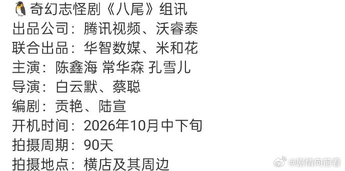 #陈鑫海常华森孔雪儿八尾# 奇幻志怪剧《八尾》组讯，主演：陈鑫海 常华森 孔雪儿 ​​​#曝陈鑫海常华森孔雪儿主演八尾##八尾阵容# ​​​