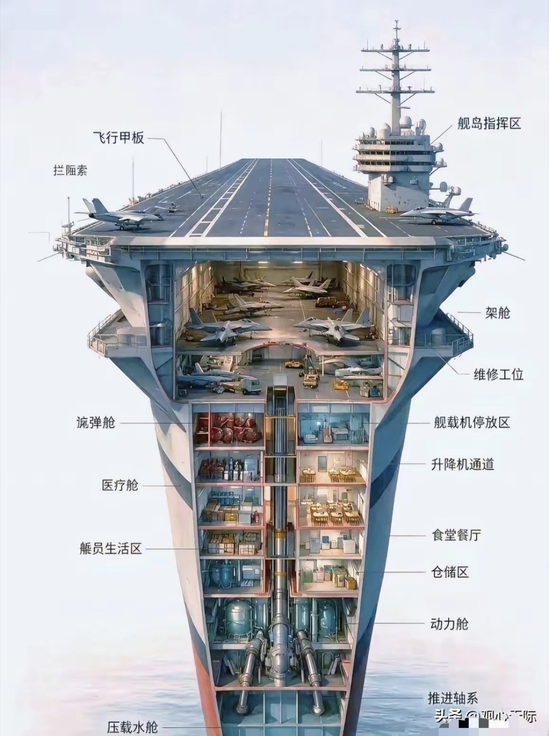 以前对航母没啥概念，看完这张图才感受到震撼。
​原来大海上漂着的不只是一艘巨船，而是一座能远航的海上城市。
几千人在上面工作、生活、坚守。
​​这是无数人默默奋斗换来的成果。
正是有这样的大国重器守着海疆，我们普通人才能安安稳稳地生活。
​​山河无恙，岁月静好，背后是有人在万里海疆守 ​