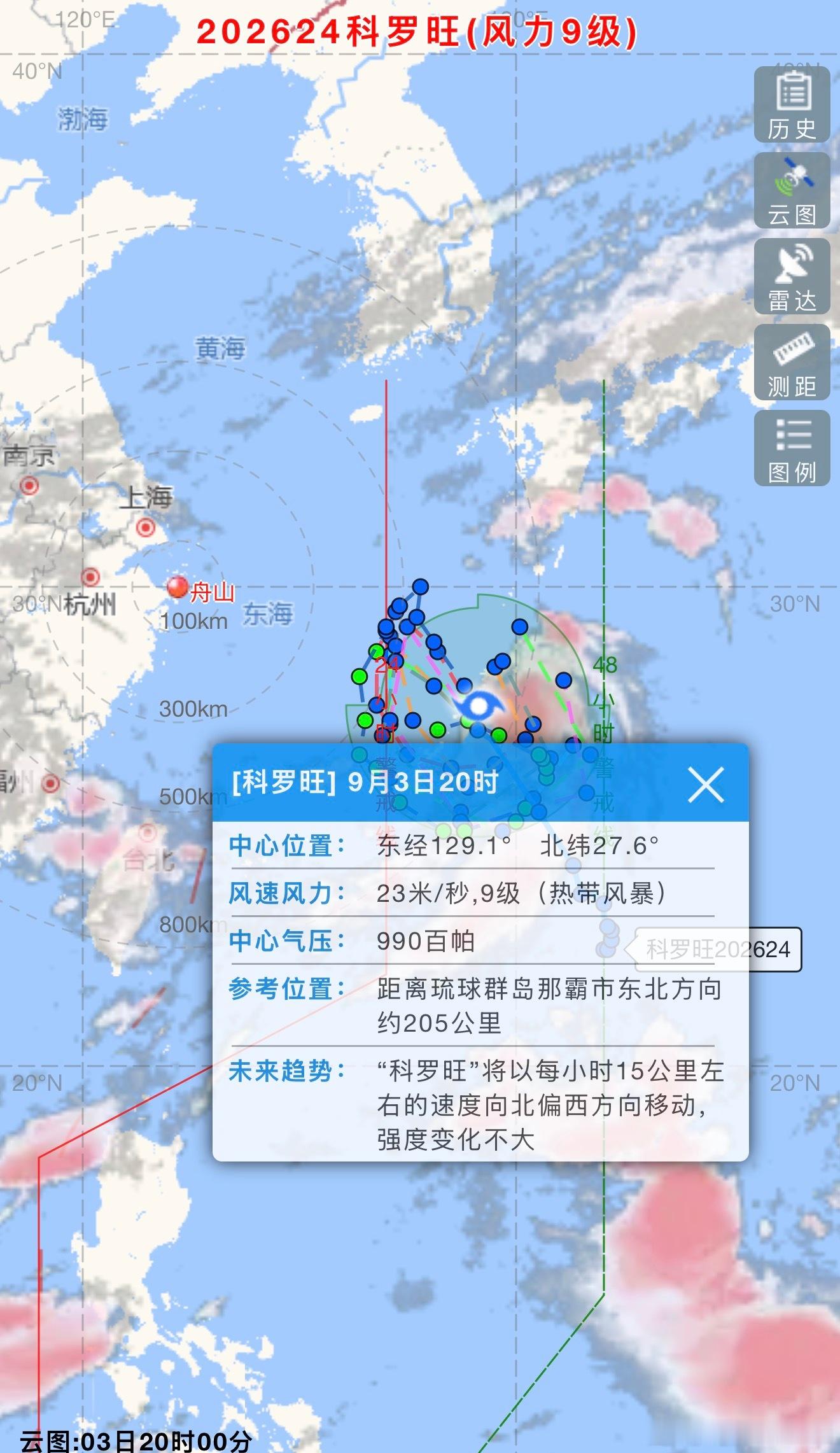 #台风动态# 今年第24号台风“科罗旺”（热带风暴级），今天（3日）20时其中心位于舟山东到东南方向约720公里的洋面上，也就是北纬27.6度、东经129.1度，中心气压990百帕，中心最大风力9级（23米/秒），7级风圈半径220-300公里，预计“科罗旺”将以每小时15公里左右的速度向北偏西方向移动，3日夜间移入 ​