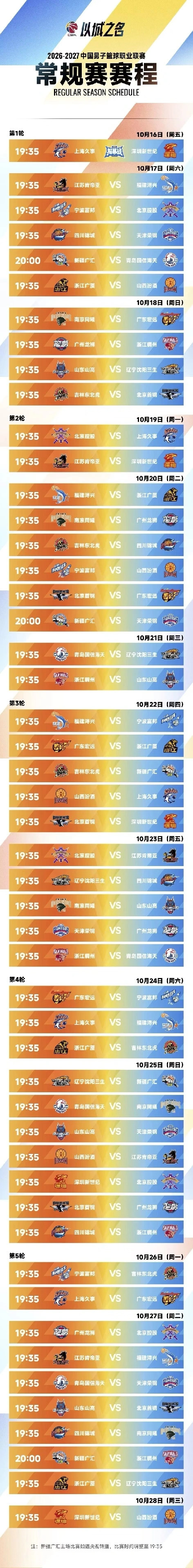 2026-2027年CBA常规赛赛程表出炉了