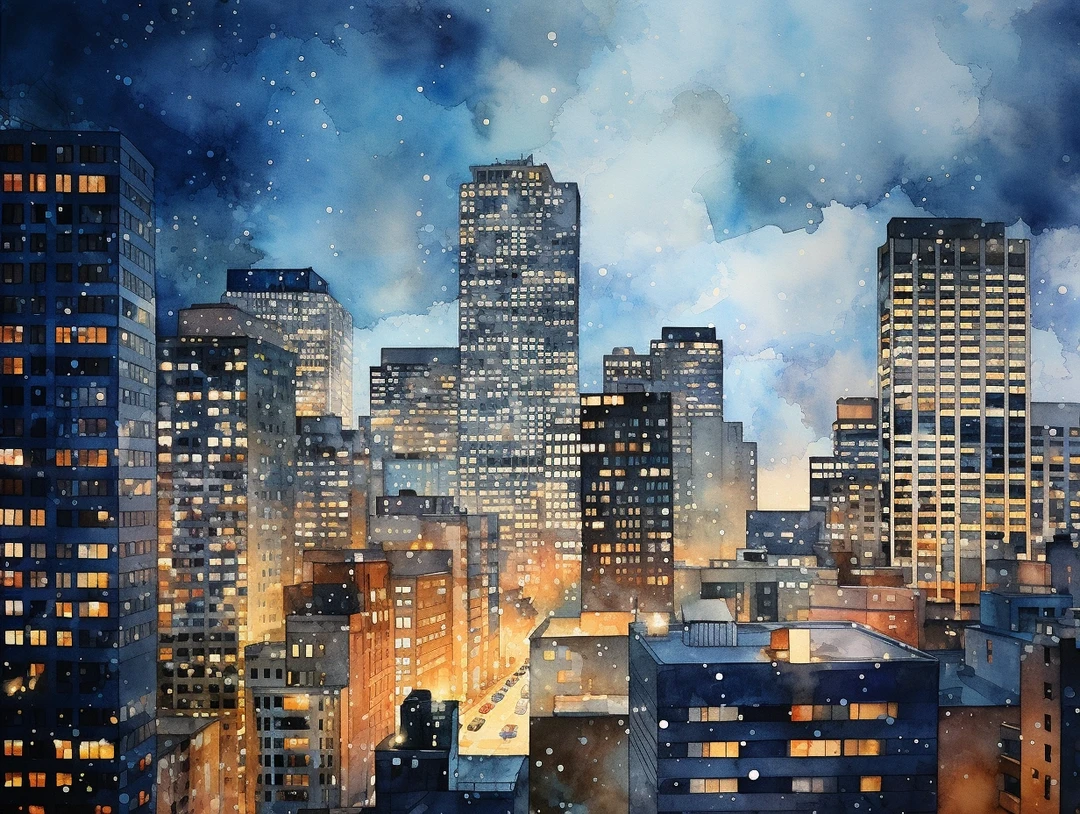 AI水彩：城市夜景
