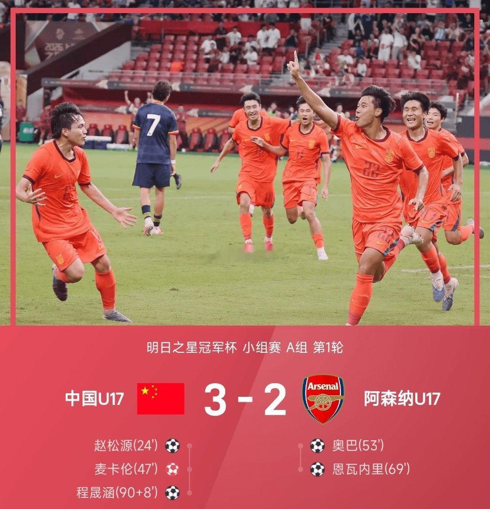 26赛季明日之星冠军杯小组赛A组第1轮，U17国少对阵阿森纳U17。上...