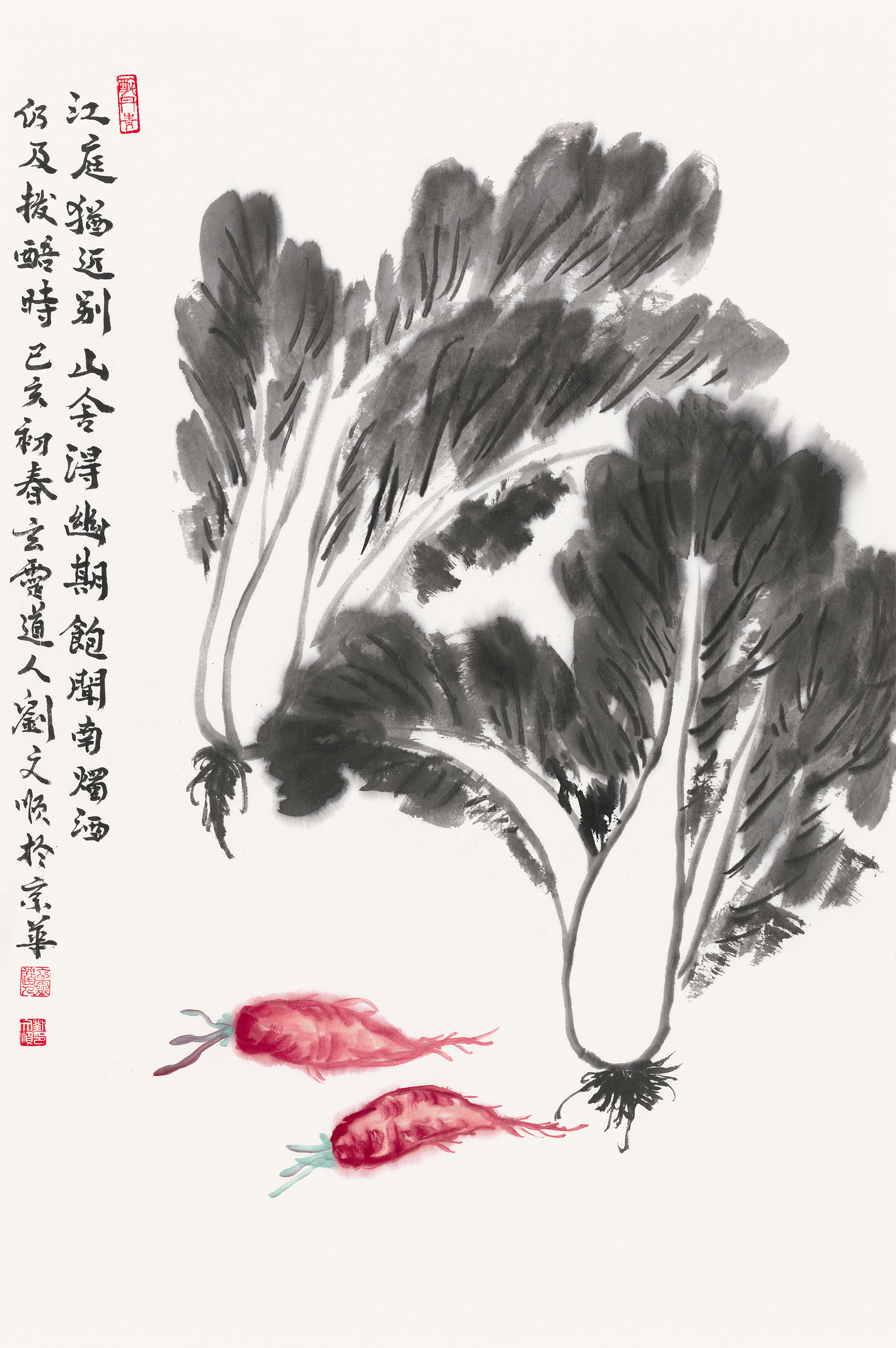 「白菜凝“百财”，红萝映“鸿运”。水墨晕染间，财气随叶舒展，福气伴根生长。挂于厅堂，纳八方财禄；悬于书房，聚文运昌隆。一蔬一果皆成瑞，一笔一墨总关情——愿此画为居，添富足底气，养顺遂心境。」 ​​​