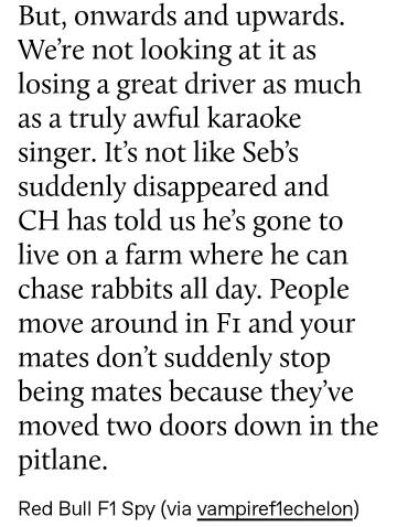 Seb官宣自己离开红牛之后，redbull spy(有点像搞笑版的官方...