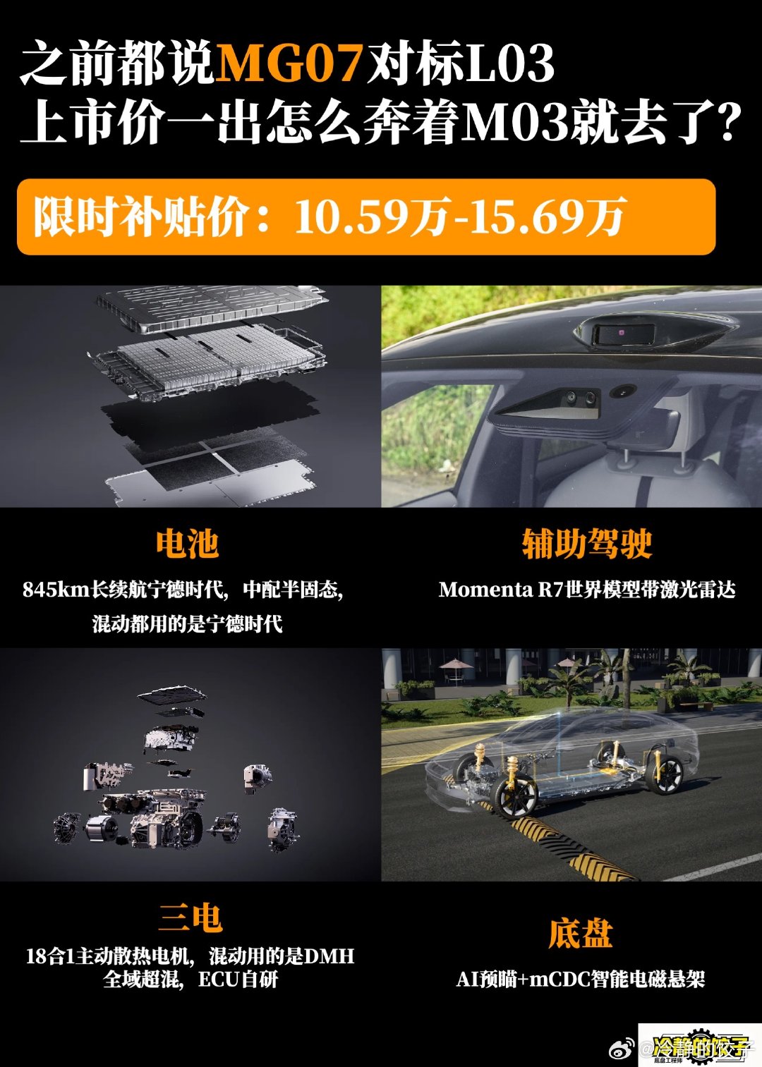 MG07上市价10.59万起，845续航带激光雷达的大顶配也才十五万多！！
从公布配置以来网上都说是对标L03的，但这定价……感觉像是冲着M03来的？这把M03压力可能有点大了……

#mg07##mg07价格##小鹏monal03##小鹏mona m03# ​
