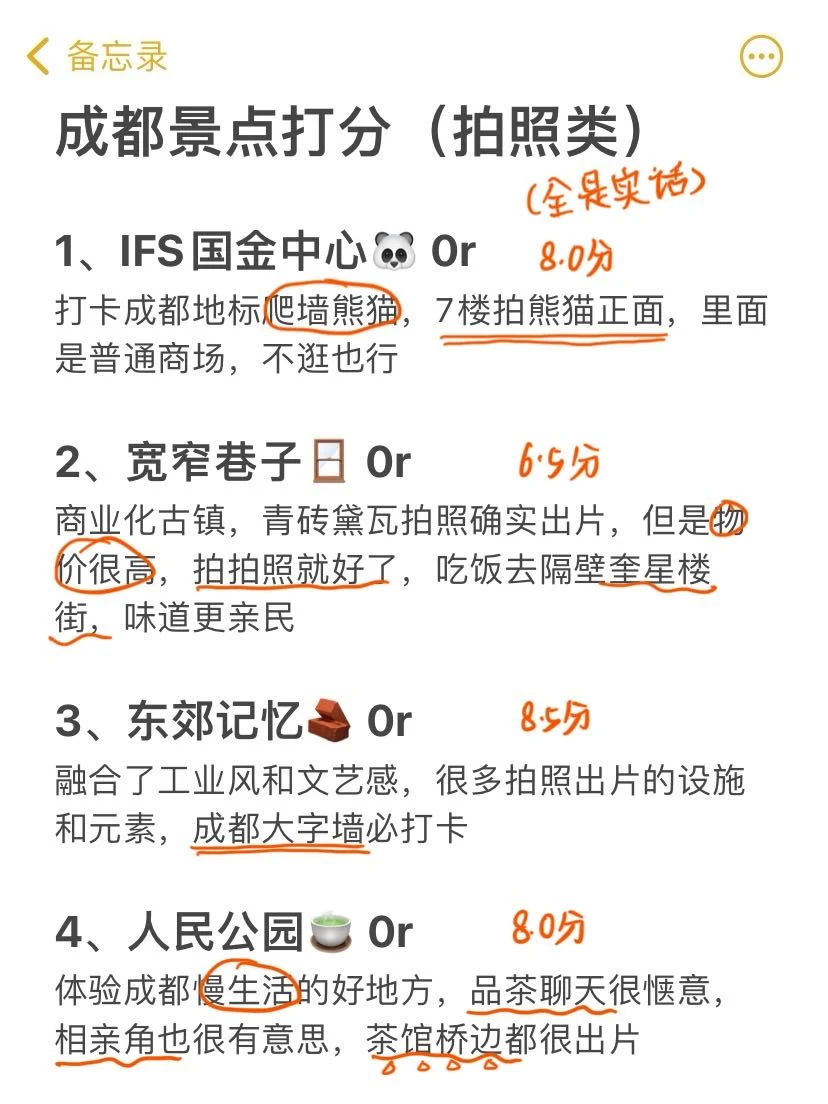 成都景点打分！仅个人真实感受（已分类）