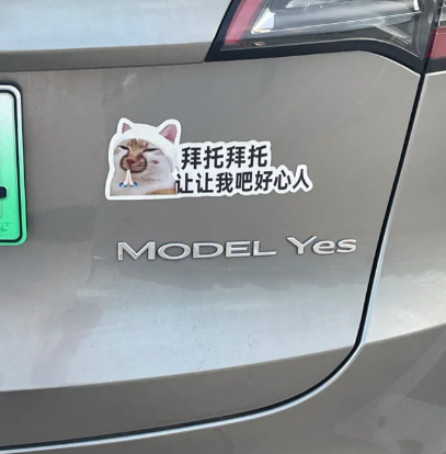 （1）见过一个是在特斯拉Model Y车尾的，是在车尾型号标识“Model Y”后面增加了“es”，变成了“Model Yes”，哈哈哈太搞笑了，一语双关，既可以表达Yes这个意思，又可表达“Yes型号，正确的Model车型”。车主真的太有才了，又想到Model Y在车界有邪恶大鼠标的称号，有一种反