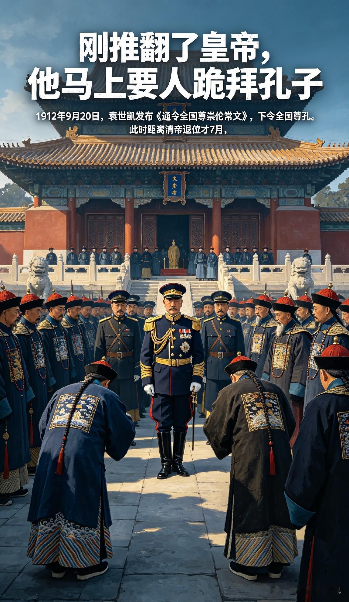 刚推翻了皇帝，他马上要人跪拜孔子
1912年9月20日，袁世凯发布《通令全国尊崇伦常文》，下令要求全国尊孔，此时距离清帝退位才7个月，共和刚刚建立。

袁世凯用道德说教来转移视线，妄图取代国民心中刚刚建立的一点点民主自由思想，此后他又发布《尊孔令》、《祭孔令》，并亲自主持民国首次官祭孔子大典。

尊