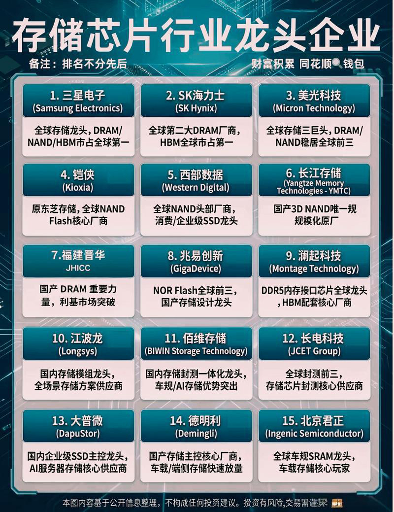 国内存储芯片龙头企业

国内存储芯片龙头企业主要分为 IDM 制造、芯片设计及模组配套三大类，公认的代表企业包括长江存储、长鑫存储、兆易创新等。2026 年受 AI 算力与国产替代驱动，行业景气度持续上行。

核心制造与设计龙头

• 长江存储：国产 3D NAND 唯一 IDM 龙头，全球第二大