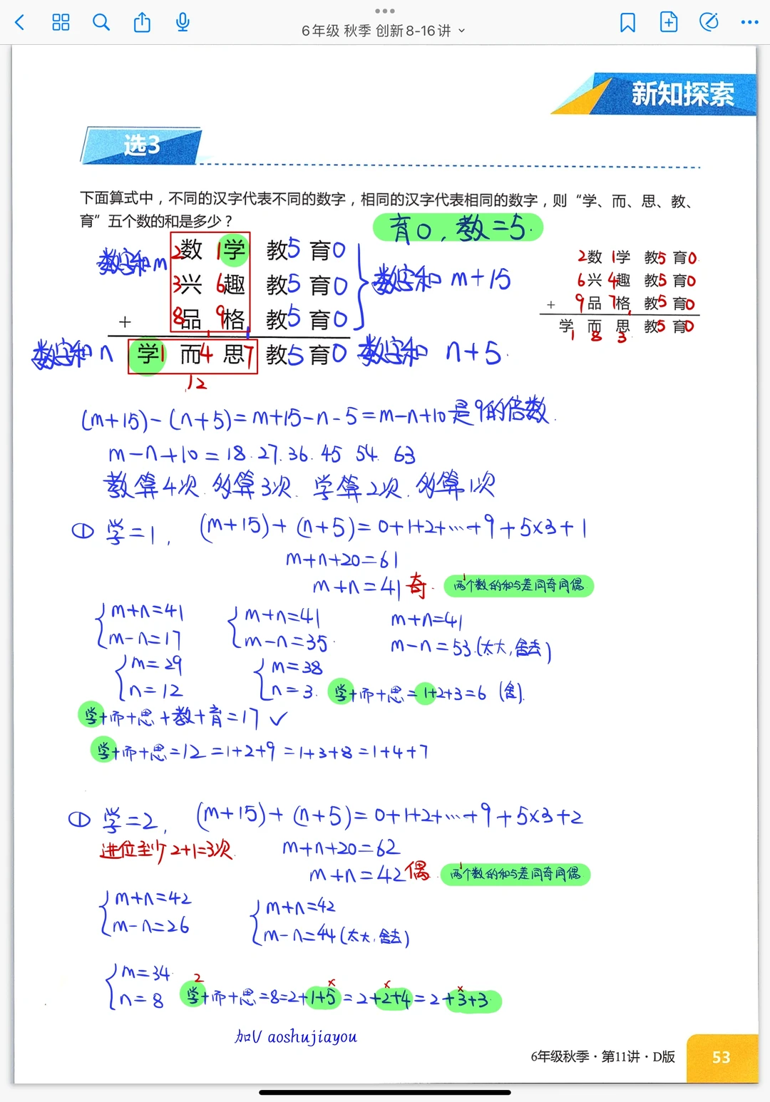 《数字谜综合》六年级秋季创新 奥数课堂笔记