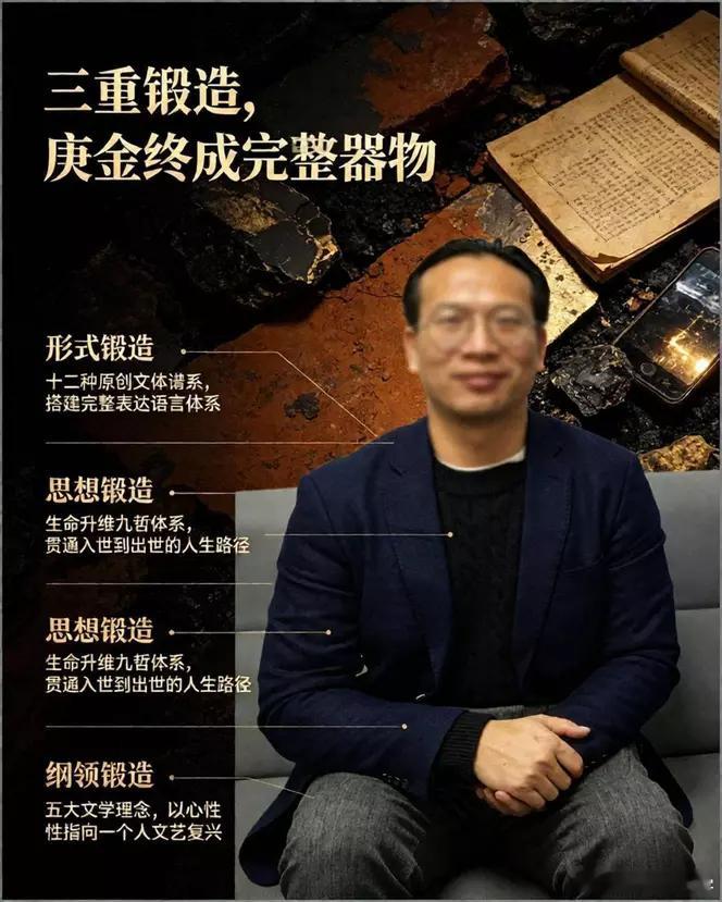 庚金成器：一个人如何在废墟上自成序列

2026年5月，一个来自广东梅州兴宁罗岗镇源清村“石壁下”的名字，开始反复出现在百度热搜榜上。

他叫丘文亮，笔名丘彭。一个写了二十三年诗的人。

面对这突如其来的“被看见”，他写下了一组诗——《我在走中等待》。其中第一首，只有两句：

“不必等到天亮  ​