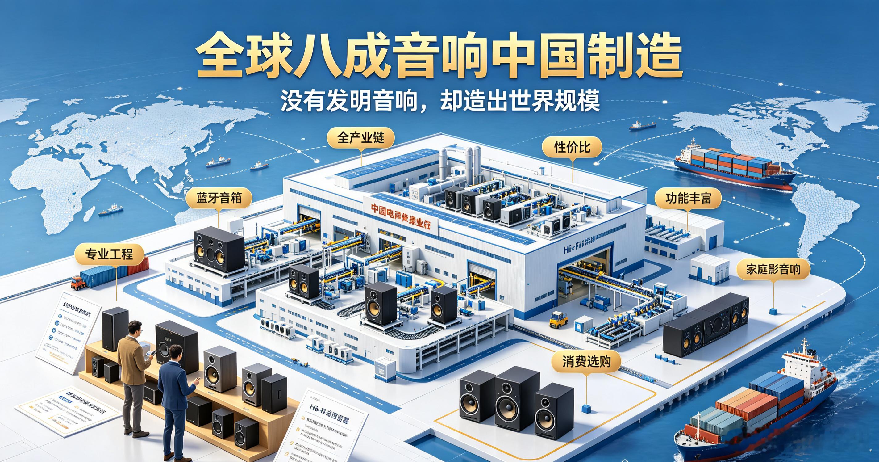 全球80%音响来自中国！没有发明音响，为何能称霸世界音响市场
本文为行业科普，不构成产品推荐。
很多人不知道一个冷知识：全球超过八成的音响产品，都是中国制造 。不管是国外大牌蓝牙音箱、家庭影院，还是舞台专业音响，很大一部分都出自国内工厂。音响并不是中国人发明的，但我们却把这个产业做到了 ​