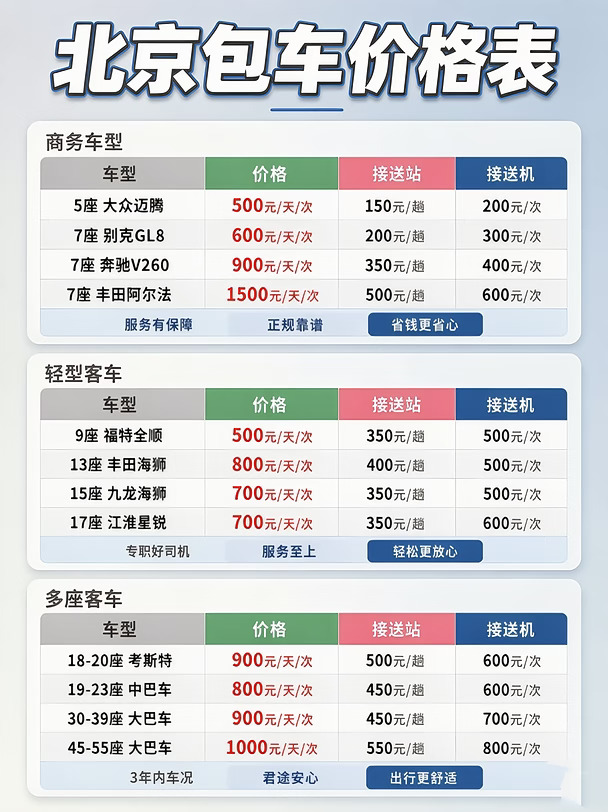 北京包车，车型+价格表 旅行/商务/团建