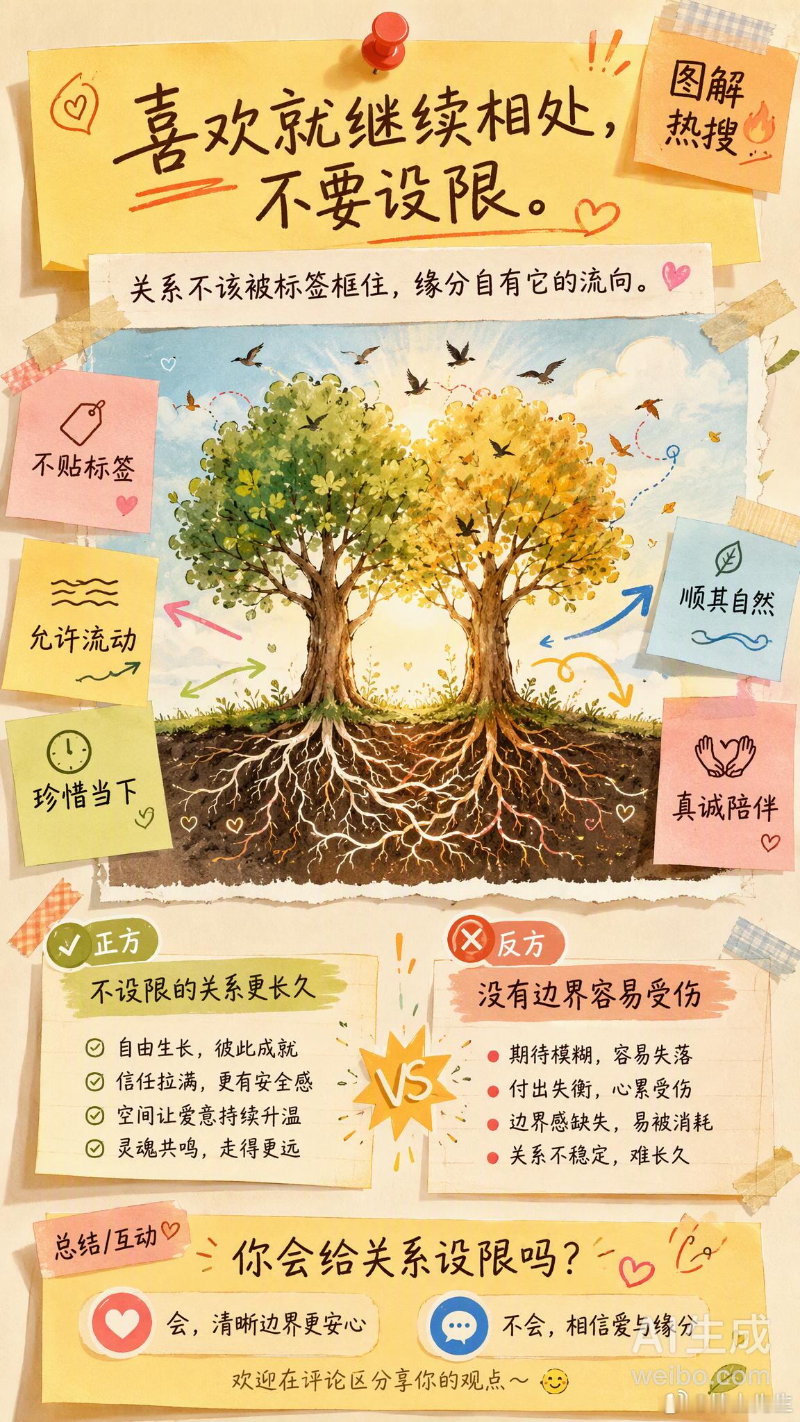 喜欢就继续相处不要设限最近这句话又上热搜了，读完挺有感触的。“喜欢那就继续处。不要设限，是朋友或是恋人，不要试图抓住关系，而是尽想缘分。”在这个习惯给一切贴标签的时代，我们总在追问“我们是什么关系”，仿佛没有明确的答案，这段相处就失去了意义。可关系本该是流动的、鲜活的，就像手里的沙，握得越紧，流失得越快。几个挺戳我的点：· 不必用“朋友”或“恋人”的框架去框住一段关系· 真正舒服的关系，是允许彼此以最自在的姿态存在· 缘分不是强求来的，而是吸引来的“做不了夫妻，我们就谈一辈子恋爱”——这句话不是妥协，而是对遗憾最温柔的和解。不是所有喜欢都能修成正果，但能在彼此生命里留下温暖，就已经足够了。你怎么看？你会给关系设限吗？情感热点创作激励计划情感态度表达