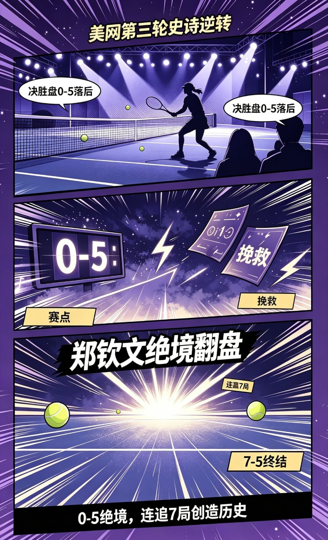 2026年美网第三轮，郑钦文在决胜盘0-5落后、挽救赛点的绝境下连赢7局，以1-6/7-6(3)/7-5逆转前澳网冠军凯斯，创造了网球四大满贯女子单打历史上首次“决胜盘0-5后直接以7-5终结比赛”的