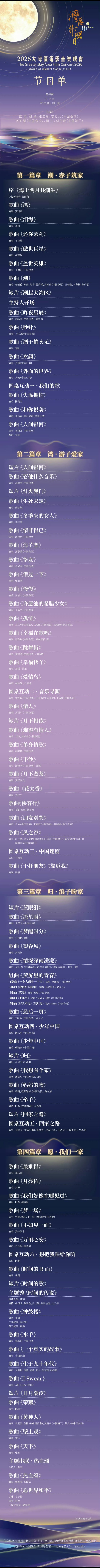 #2026湾区升明月节目单#

阵容一出期待与争议齐飞。有人期待这场属于两岸四地华人的光影音乐之约，老歌怀旧、跨地域艺人同台，家国情怀拉满。但质疑声也随之而来：演员跨界演唱增多，专业歌手戏份被压缩，晚会会不会变成流量拼盘？大量非歌手登台，直播能否坚持全开麦？年年主打回忆杀，缺少华语新作， ​
