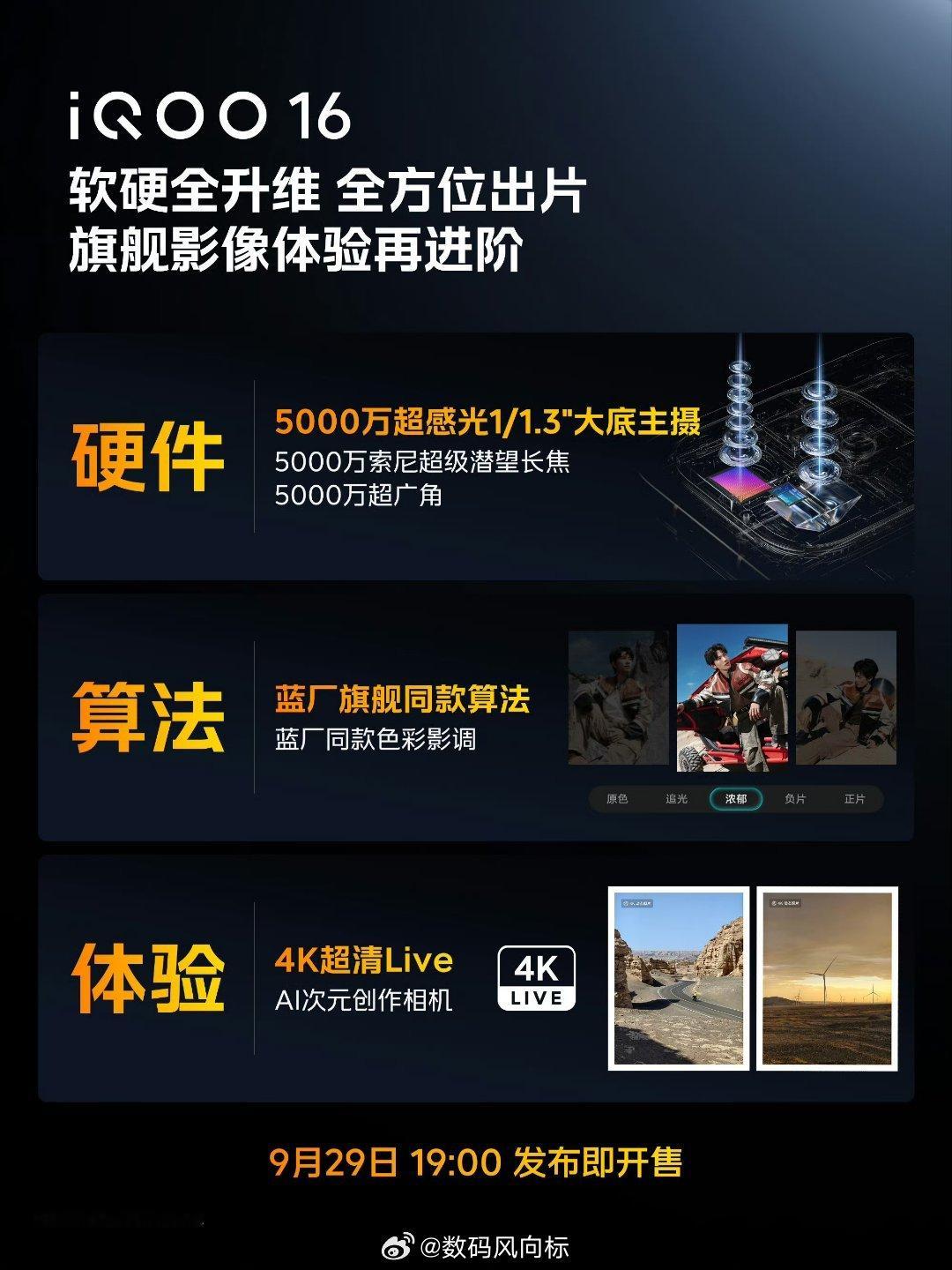 #iqoo[超话]##iQOO16# 影像爆料来了！实力超Pro！📸

这波影像是真的卷起来了👇

🌙 主摄5000万超感光1/1.3"大底，对比iQOO 15进光量直接+79%！夜景更亮更干净，加上vivo自研超光影HDR，影调色彩都拿捏住了

🔭 5000万索尼超级潜望长焦+5000万超广角，CIPA 5.5专业级防抖+M型超薄棱镜光路，手 ​