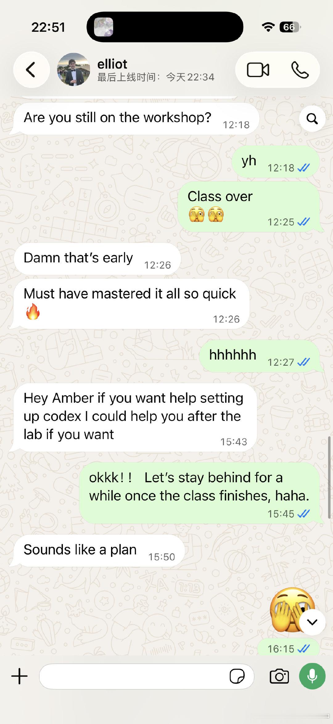 [泪]教会了codex 
第一个来自英国伦敦的朋友  非常友好
希望我的口语和听力飞速增长[祈祷][祈祷][祈祷] ​