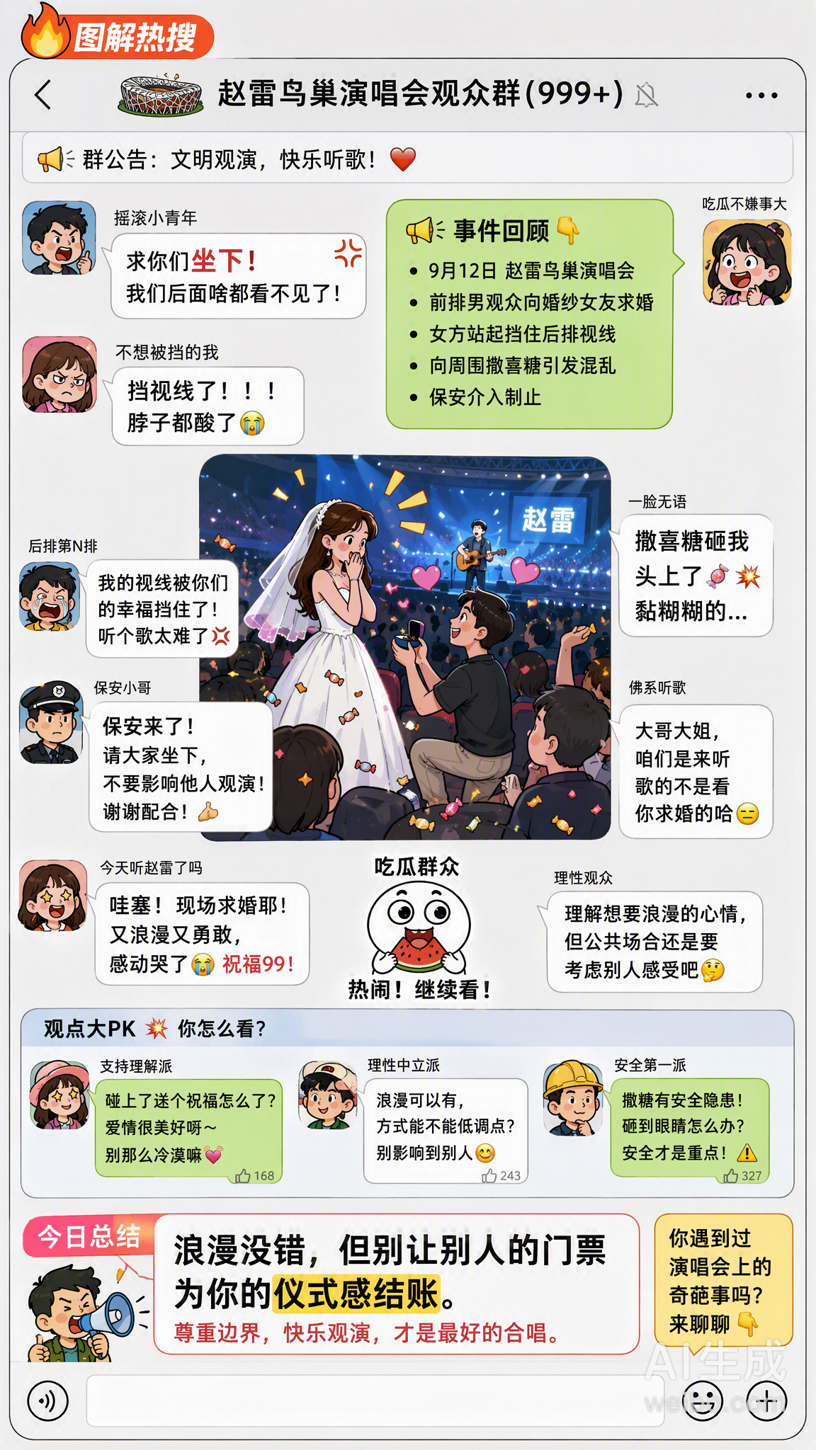 不知从何时起，演唱会求婚成了网红标配场景。荧光灯海里单膝跪地、万人见证告白、歌手温柔驻足伴奏，短视频里次次刷屏，被冠以极致浪漫的标签。但越来越多人坦言心里话：演唱会当众求婚，一点都不美、不高级，甚至格外让人厌烦。
 
大众眼中的浪漫名场面，背后藏着诸多违和与尴尬。首先，演唱