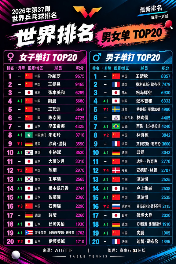 2026年第37周｜世界乒乓球排名更新🌍🏓男女