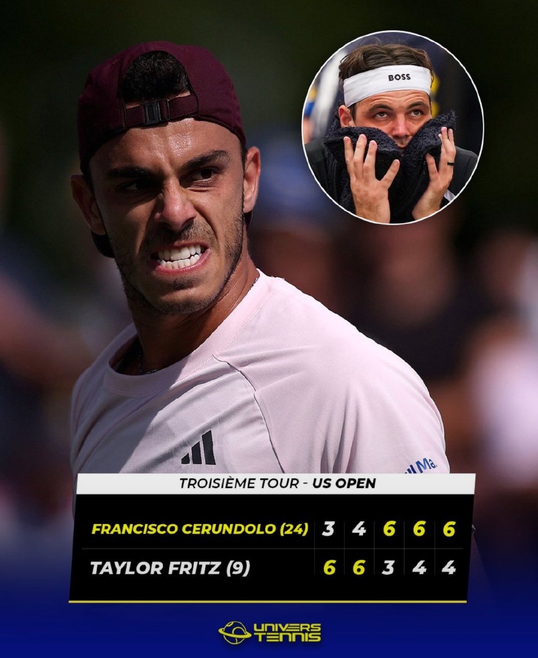 #美网2026# 
🚨 塞伦杜罗在纽约击败弗里茨！！！ 🇦🇷

以0比2落后两盘，弗朗西斯科·塞伦杜罗逆转世界排名第10的泰勒·弗里茨，大战五盘逆转过关，并在28岁时首次晋级美网1/8决赛。🤯

#美网[超话]# ​