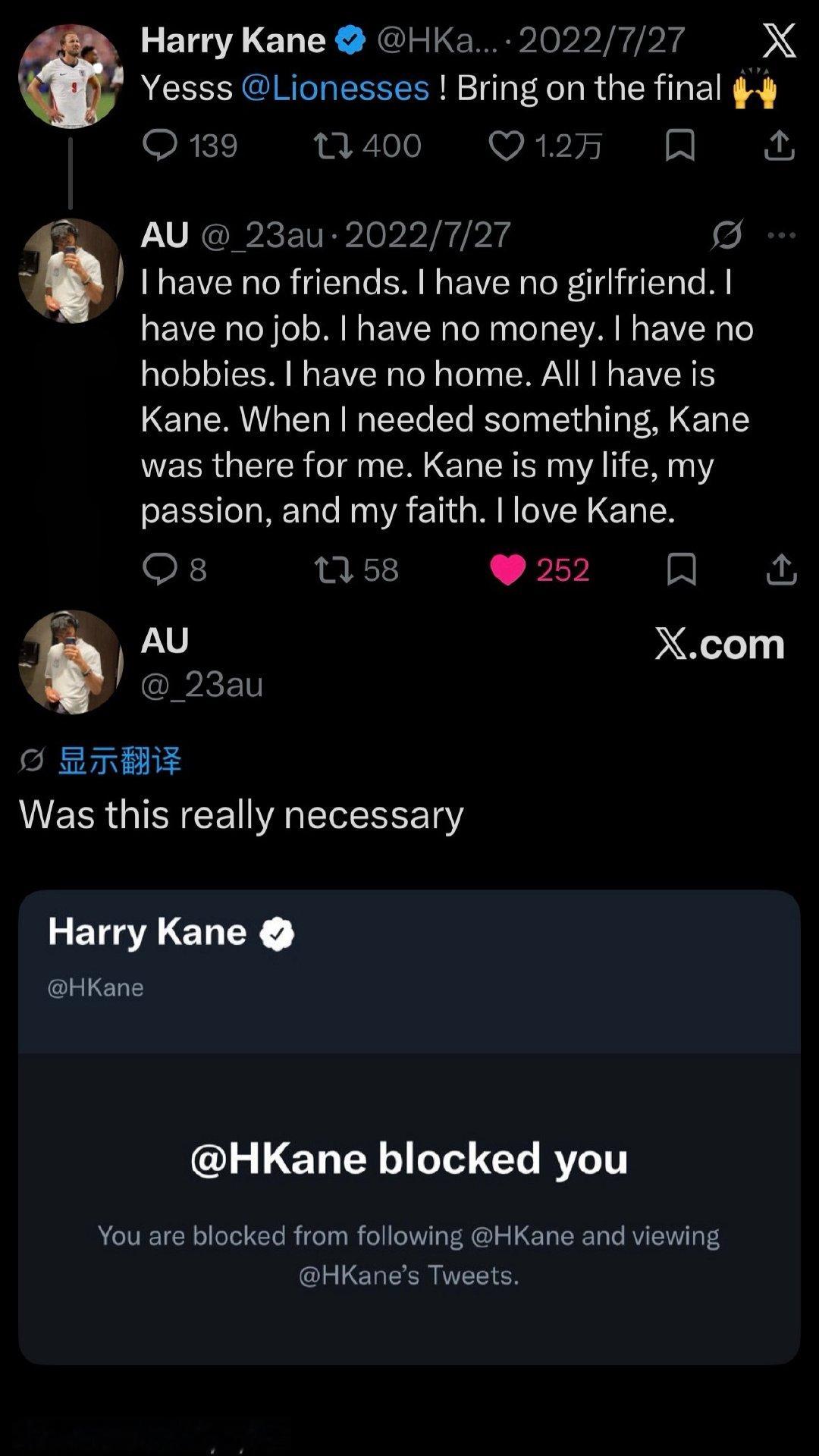[泪奔]那个狂热表白后被凯恩拉黑的狂热梦男课件

：I have no friends. I have no girlfriend. I have no job. I have no money. I have no hobbies. I have no home. All I have is Kane下略

：Was this really necessary ​