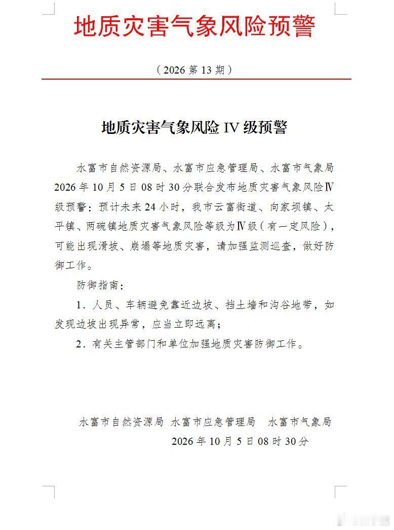 【水富市发布地质灾害气象风险IV级预警】水富市自然资源局、水富市应急管理局、水富市气象局2026年10月5日8时30分联合发布地质灾害气象风险IV级预警：预计未来24小时，我市云富街道、向家坝镇、太平镇、两碗镇地质灾害气象风险等级为IV级(有一定风险)，可能出现滑坡、崩塌等地质灾害，请加强监测巡查， ​