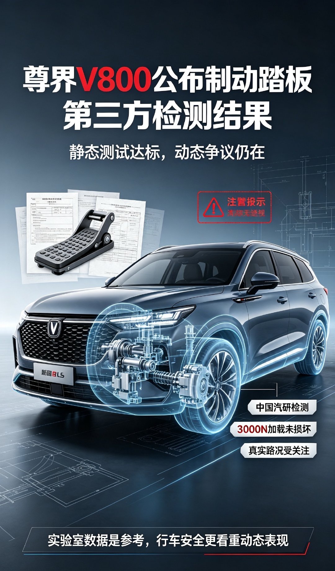 #尊界V800公布制动踏板第三方检测结果#
中国汽研检测：制动踏板加压至3000N未损坏✅
静态测试符合行业标准，但依旧难平息动态工况争议。
实验室数据之外，大家更看重真实行车安全。 ​