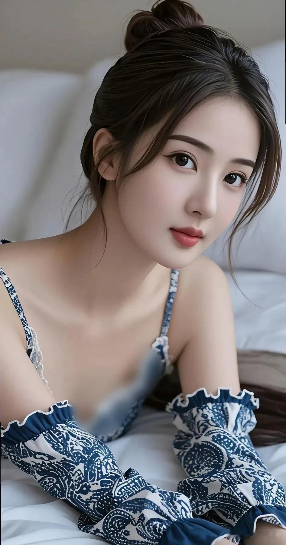 蓝白纹样的衣装，衬着松松挽起的发，在柔暖氛围里，尽显慵懒又雅致的韵致。