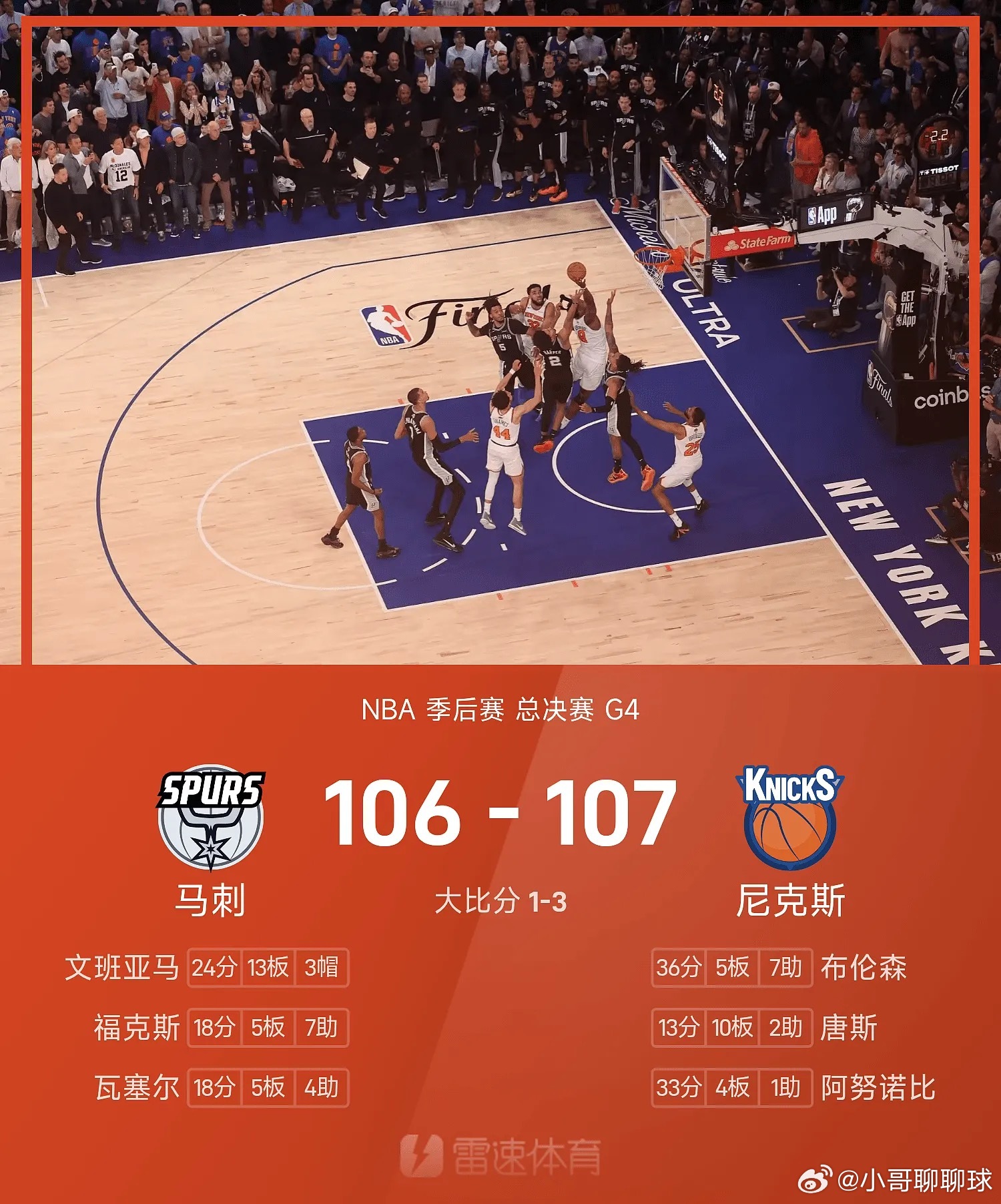 NBA总决赛，纽约尼克斯主场对阵圣安东尼奥马刺。比赛刚刚开场，客场作战...