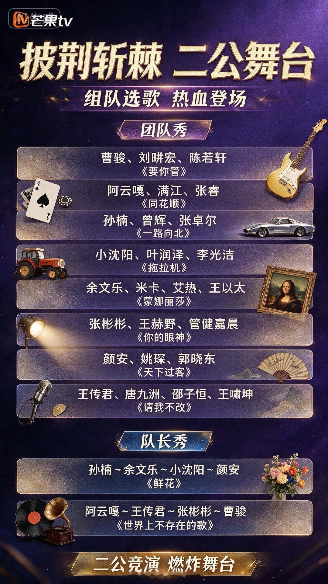 #披荆斩棘#二公组队有点回归披哥群像风味了，太好了路线错乱的第5季后，老披哥那种真人秀音综中独此一家的多领域跨界成熟艺人舞台竞技主题终于掰回正轨了，我就说这季哥哥都有趣发挥正常剪辑水平就能好看嘛。

选歌比一公有悬念了，一公我说野人走马哀人3首歌最好，结果刚好就是前三，也太捧场了吧！二 ​