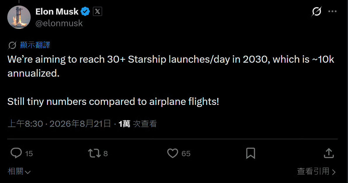 [doge][doge][doge]向着#航天##马斯克# 【Elon Musk: SpaceX 在2030年达到每天Starship 星舰发射30次/天！每年发射10000次以上！】 ​