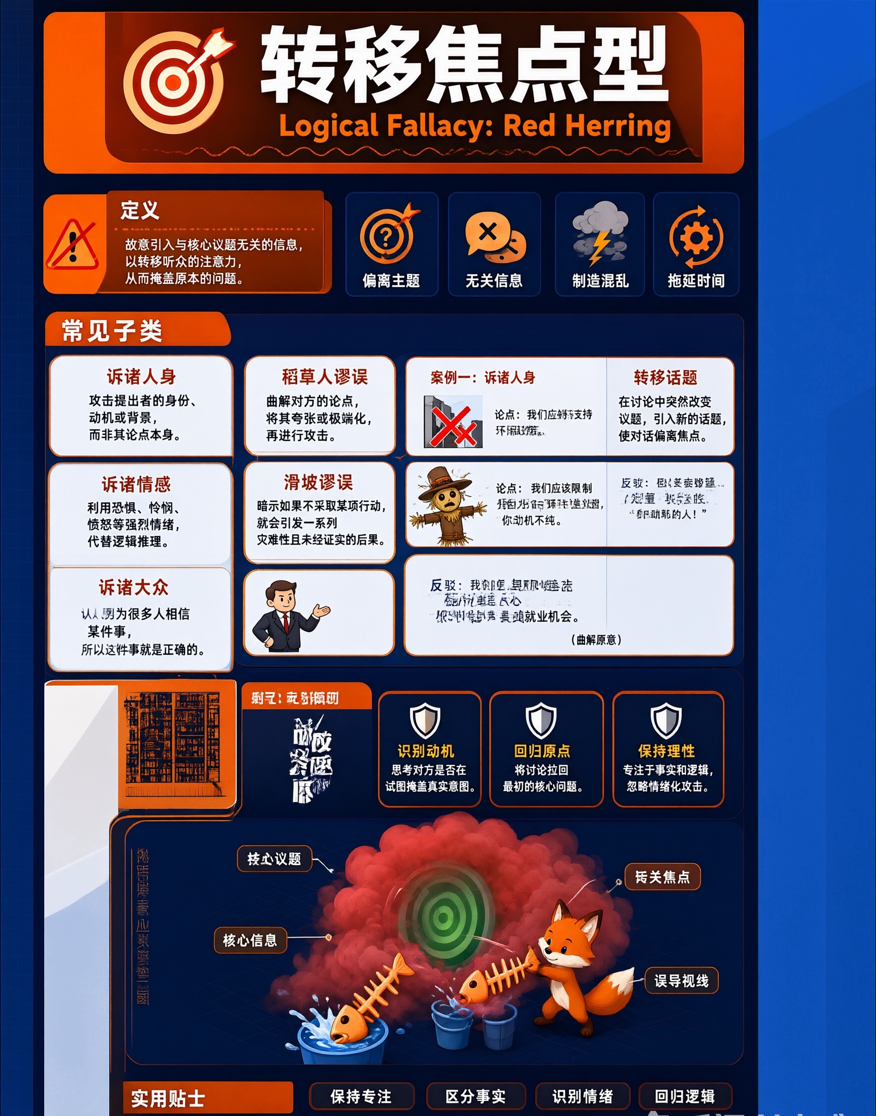 逻辑思维 你有没有过这种经历——明明自己占理，聊着聊着却突然说不出话，心里堵得慌，但又说不清到底哪里不对？不是你逻辑差，是对方根本没在跟你讲逻辑。下面这份清单，帮你一眼看穿：对方到底是在讨论问题，还是在用手段让你闭嘴一、人身攻击型（开局就用，先攻击人，不聊观点）1. 人身攻击：攻击对方人品、身份，而不是讨论论点2. 立场攻击：直接否定你的立场，认定你的立场自带偏见3. 彼此彼此：“你也一样”，用对方的双重标准来回避本身议题4. 语气警示：挑说话态度，不看内容对错5. 身份预判：预先贴标签，用身份判定你说的话不可信6. 牵连污名：绑定别的负面事件，连带抹黑你7. 剥夺评论资格：说“你没资格讨论这件事”二、转移焦点型（不正面回答，把话题拐跑）1. 稻草人战术：歪曲你的观点，攻击被篡改后的简易版本2. 红鲱鱼：抛出无关话题，彻底转移讨论主线3. 非黑即白：制造二元对立，只给两个极端选项，抹掉中间可能性4. 预设陷阱：提问里自带隐含前提，无论怎么回答都会中招5. 定义偷换：中途偷偷改动关键...