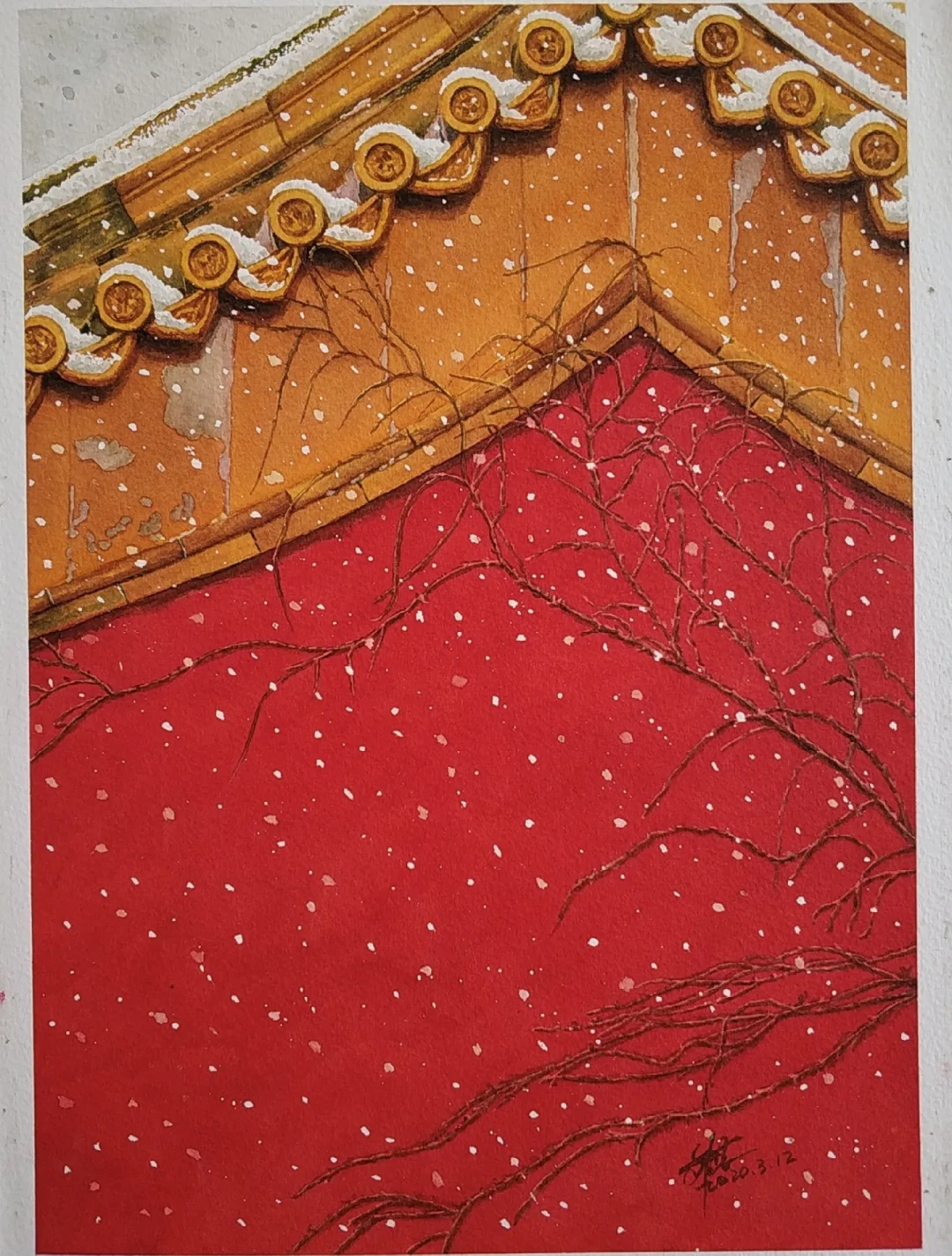 水彩 红墙 白雪 黄琉璃
