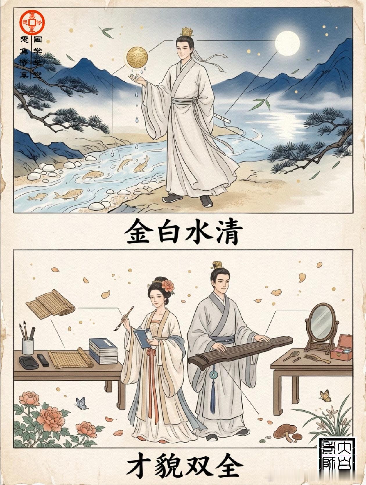 八字命理中的经典格局，通过“上图为象（成因），下图为果（成就）”的形式，直观地解释了不同命局的特征与人生走向。

6. 印禄相随 —— 富贵长寿

* 图解： 上图为文人抚摸巨大的官印，旁边有鹿（禄）相伴；下图为福禄寿三星高照，生活富足安康。

* 核心含义： “印”代表名誉与庇护，“禄”代表俸 ​