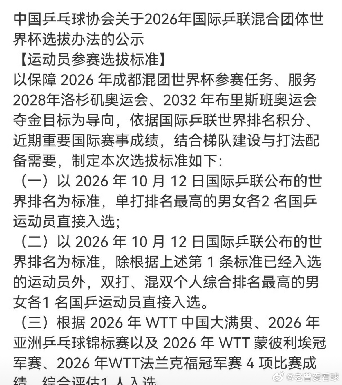 王楚钦孙颖莎领衔六人 国乒直接入围混团世界杯阵容
10月19日，中国乒协正式对外公布2026年国际乒联混合团体世界杯选拔办法，王楚钦、孙颖莎、林诗栋、王曼昱等六位选手直接入围参赛大名单，这支集结了国乒顶尖主力的队伍，将向混团世界杯的冠军发起冲击。

本次选拔的核心依据，是2026年10月12日国际乒 ​