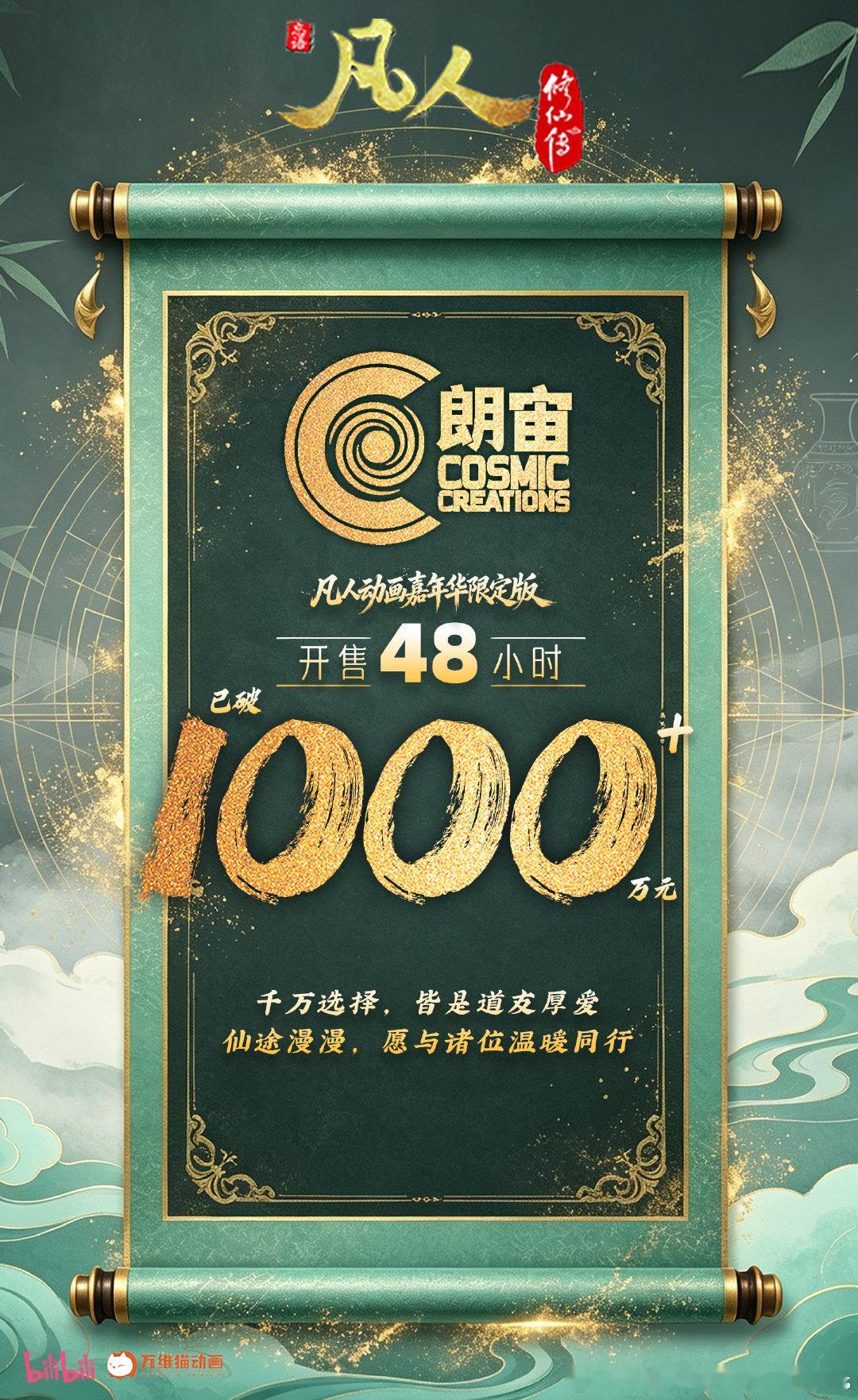 凡人动画会场版开售48小时已破1000万元。
千万选择，皆是道友厚爱
仙途漫漫，愿与诸位道友温暖同行。
#朗宙##凡人修仙传动画##可动人偶##国漫# ​