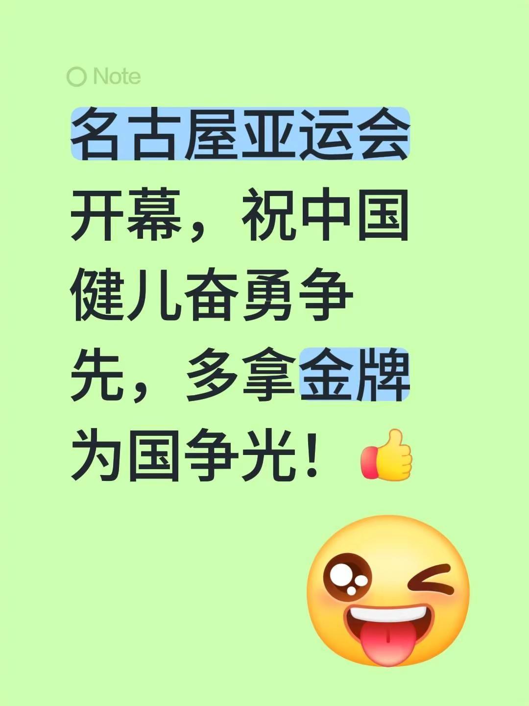 名古屋亚运会开幕，祝中国健儿奋勇争先，多拿金牌为国争光！