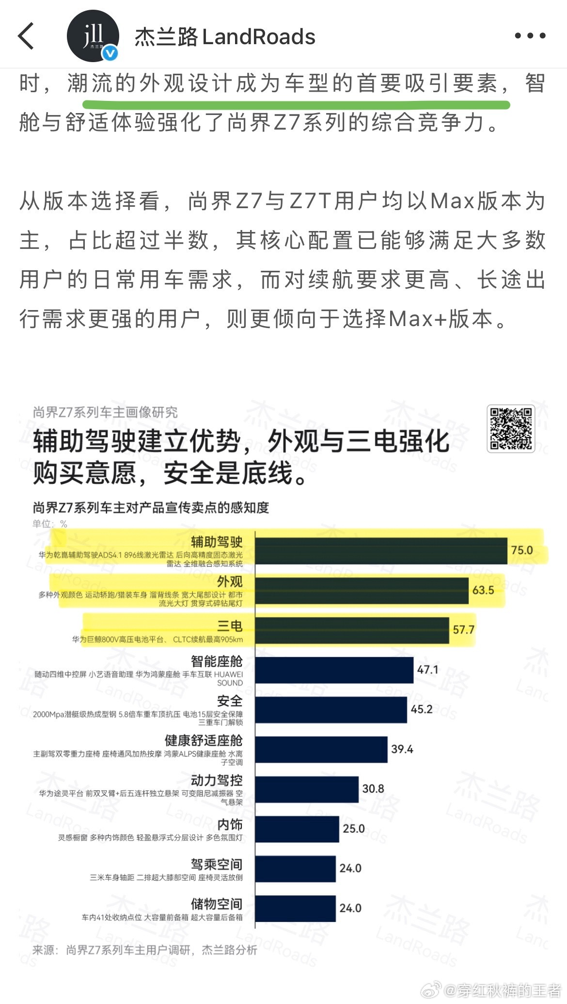 #尚界Z7#
消费者选购尚界Z7/Z7T的前三要素：
·辅助驾驶
·颜值
·三电
向别人推荐尚界Z7/Z7T的前三要素：
·辅助驾驶
·颜值
·安全

尚界Z7结合其他销量不错的同价位车型来看，可以得出基本结论，颜值是这个价位及车型的刚需，而安全性比较次要。

买鸿蒙智行车系首因是辅助驾驶不足为奇，华为的辅助驾驶感 ​