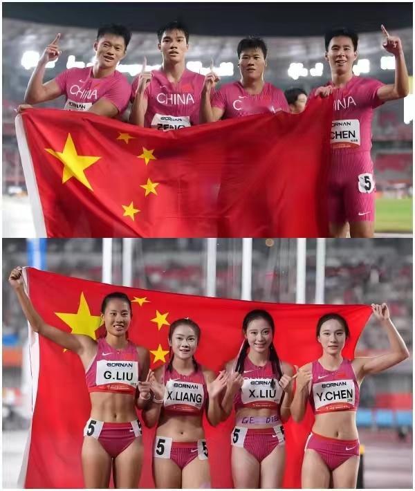 亚运接力双金，
两根末棒站的是两代人，
男队四棒谢震业三十三岁，女队四棒陈妤颉十七岁。
男队这根棒递得惊心，雨夜赛道，二三棒交接出过瑕疵，老将接棒时优势还谈不上，三十八秒一七冲线，三届亚运三枚接力金牌。女队那边雨里更稳，二棒还是临危受命顶上来的，交接零失误像左手倒右手，前三棒把领先 ​