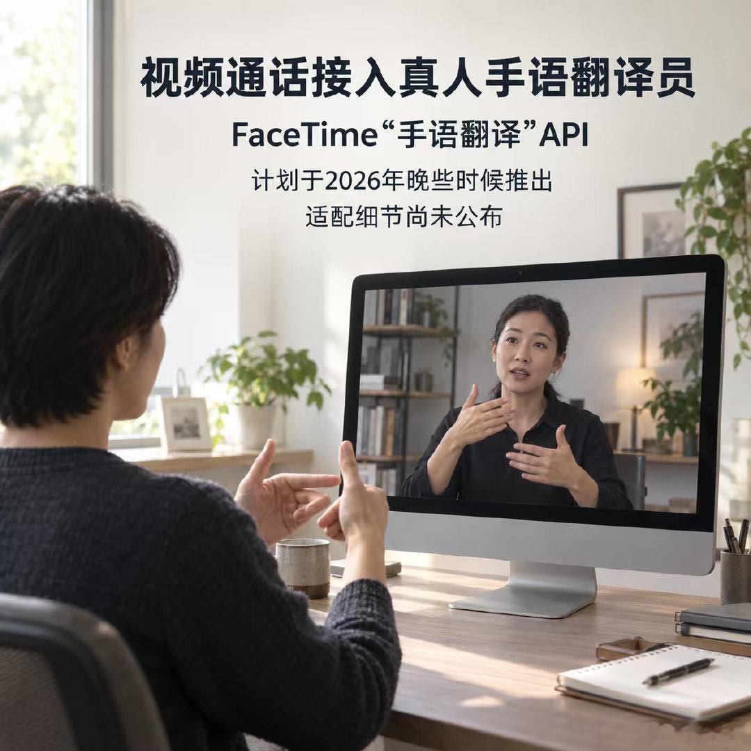 【数码快讯】据 MacObserver 报道，苹果计划今年晚些时候推出 FaceTime“手语翻译”API，允许视频通话接入真人手语翻译员。API 的适配方式和运作细节尚未公布。#FaceTime手语翻译API##真人手语翻译##视频通话无障碍##无障碍技术# ​